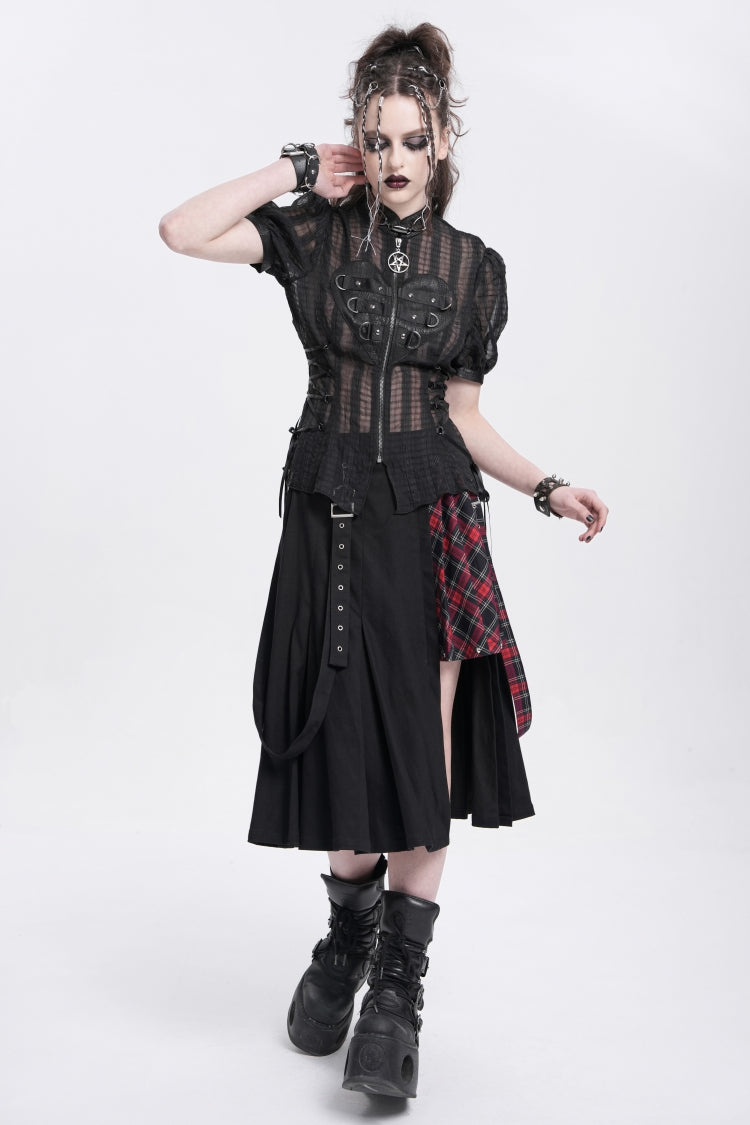 Black Stand Collar Short Puff Sleeves Sheer Mesh Women's Gothic Blouse