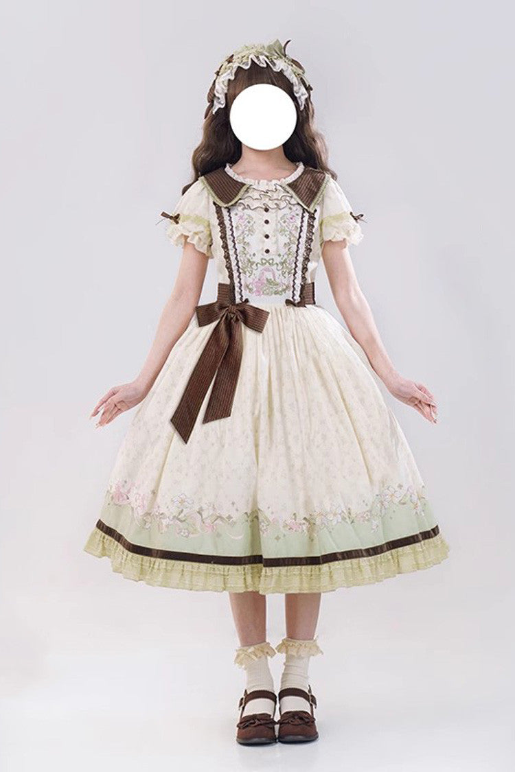 Robe Lolita Douce Élégante Verte/Ivoire [Lily] à Manches Courtes avec Imprimé, Volants, Broderie, Nœud Papillon et Dentelle 