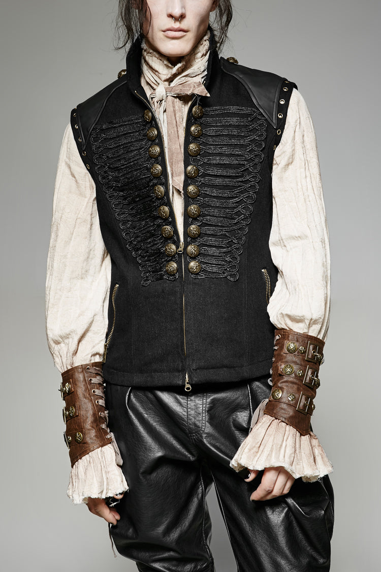 Schwarze ärmellose zweireihige Retro-Metallknopfdekoration Steampunk-Weste für Herren