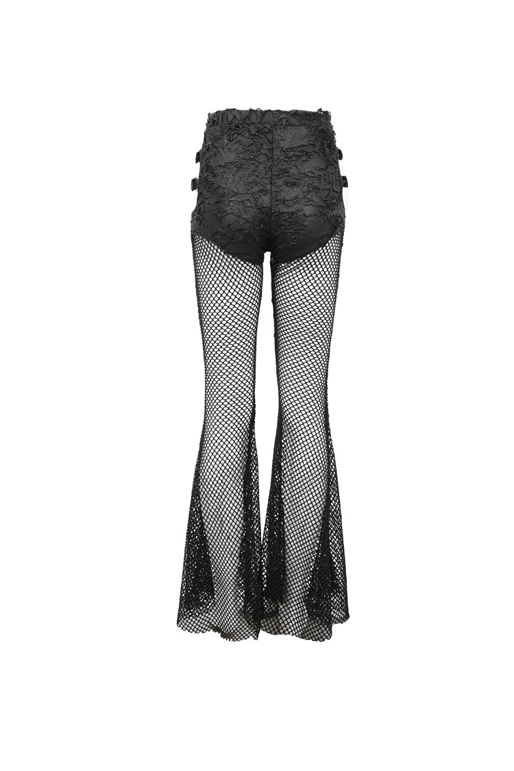 Black Stretch Knit Panel Mesh Cutout Flare Women's Gothic Trousers