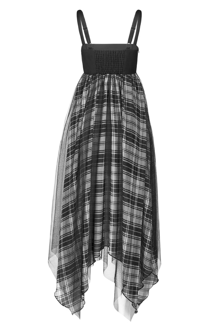 Black Metal Eyelets Shoulder Strap Irregular Hem Plaid Long Chiffon Women's Punk Slip Dress