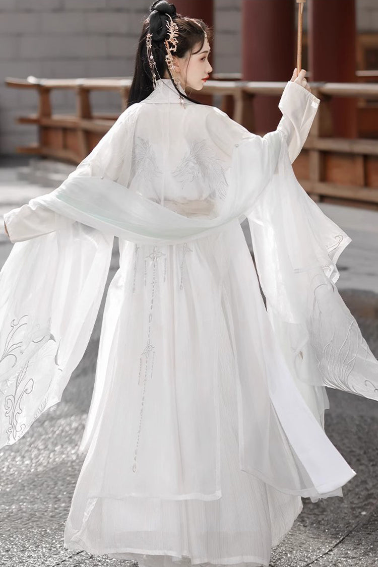 White Long Sleeves High Waisted Jacquard Print Embroidery Women's Sweet Hanfu Dress Full Set