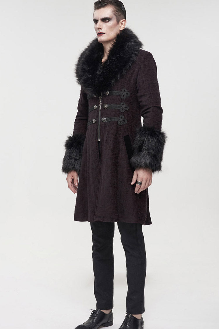 Wine Gothic Vintage Button Decoration Removable Fur Collar Men's Coat