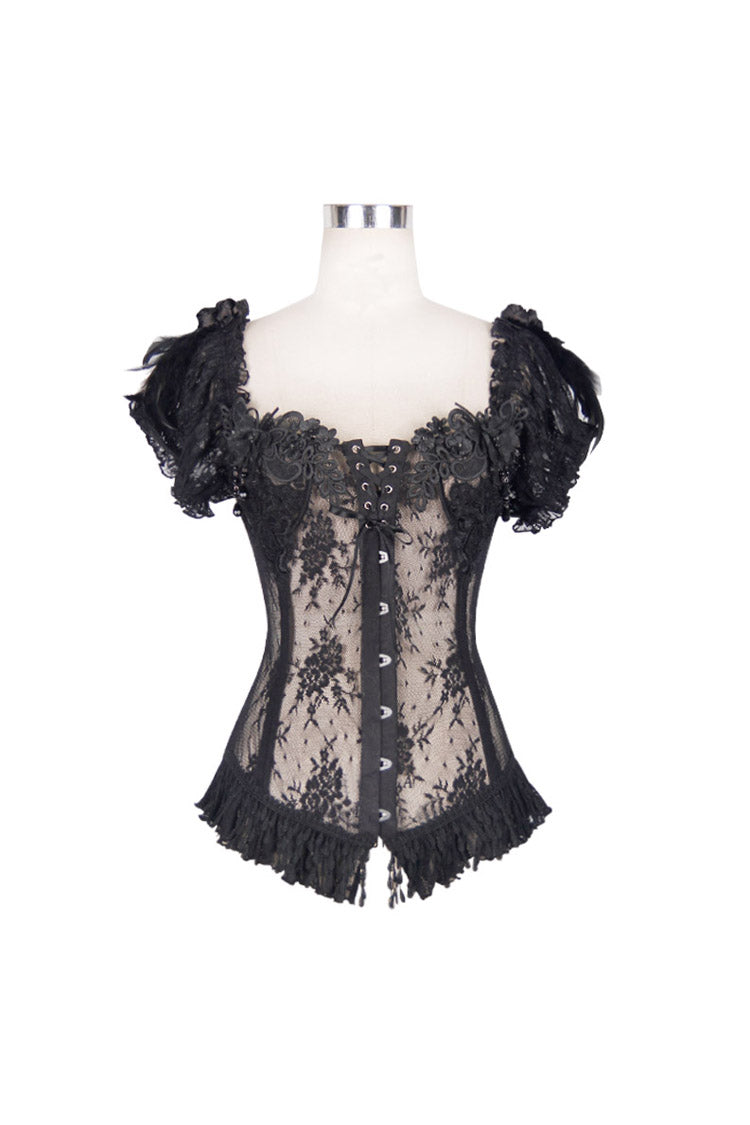 Black Transparent Lace Cotton Waist Fishbone Feather Women's Gothic Flower Corset