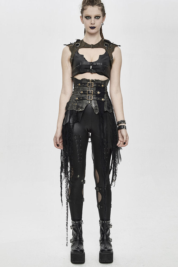 Black Vintage Leather Patchwork Distressed Belted Irregularly Lace Hem Women's Punk Half Skirt