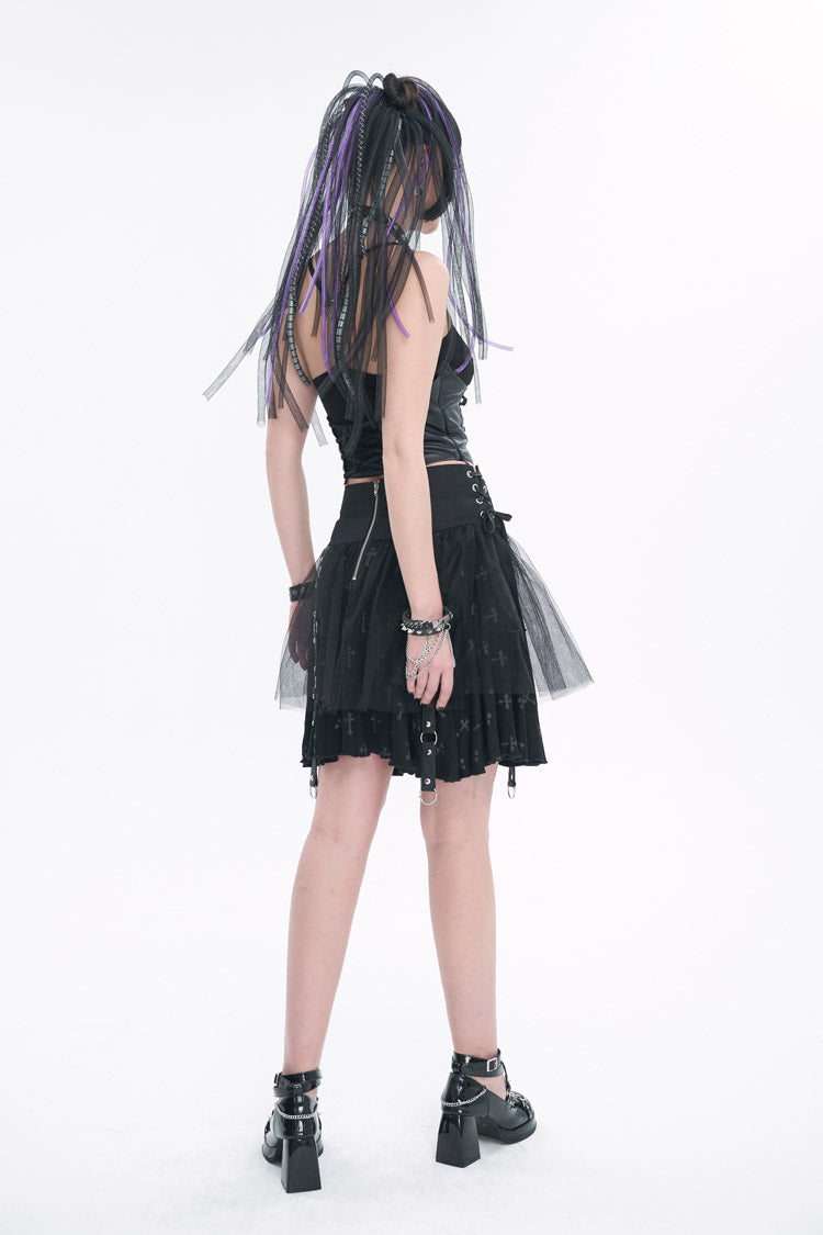 Black Cross Print Side Waist Straps Detachable Metal Chain Women's Punk Skirt