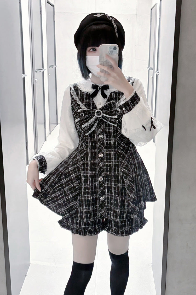 Schwarz/Weiß [Love Sonata] Langarm Rüsche Schleifenknoten Spitze Jirai Kei Japanisches Kleid Set 