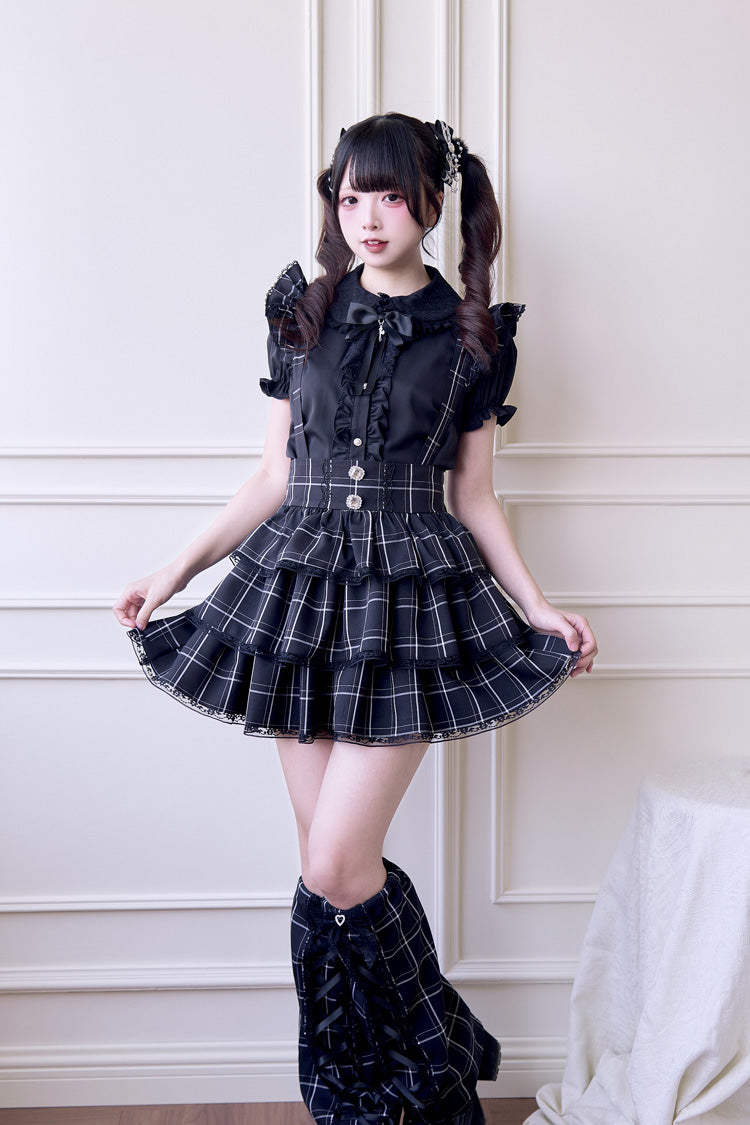 Black Triple-Layered Plaid Print Ruffle Gothic Jirai Kei Japanese Strap Dress