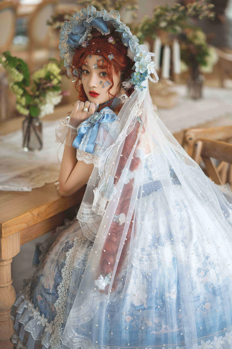 Blue The Key to the Secret Realm Gorgeous Wedding Princess Sweet Lolita Dress Set