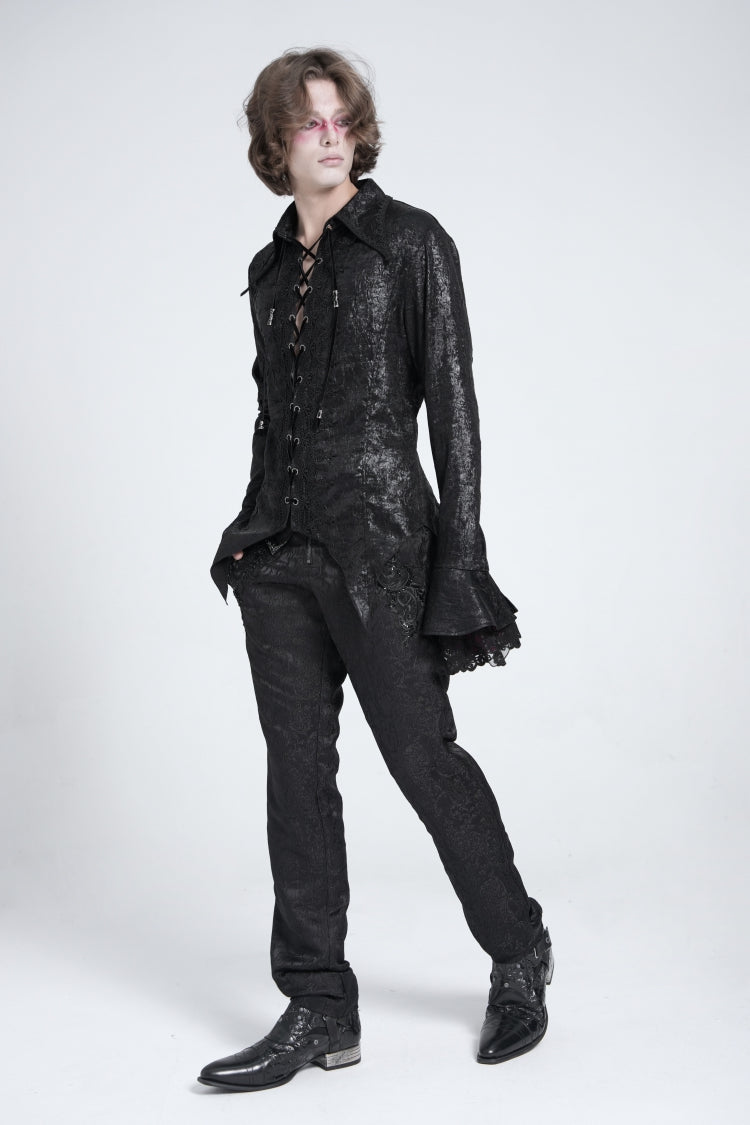 Schwarze lange Trompetenärmel Schnürung Herren Gothic Schwalbenschwanz Bluse 