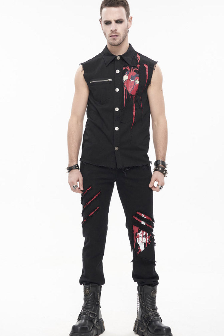 Black Punk Simple Everyday Stand Collar Print Sleeveless Men's Shirt