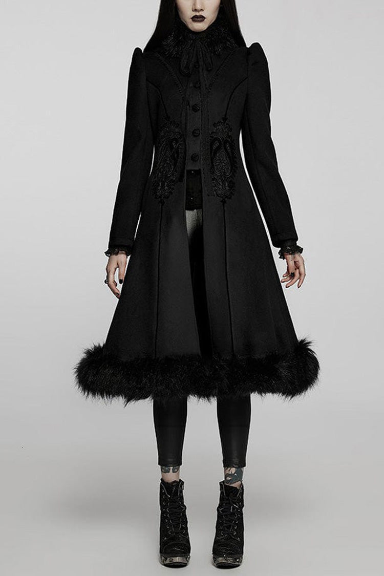 Black Gothic Gorgeous Symmetric Appliqué Detachable Big Fur Collar Loose Hem Long Women's Coat