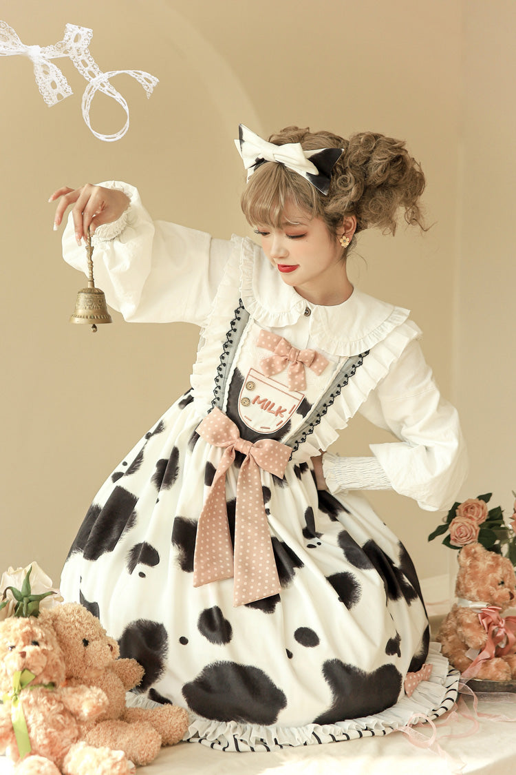 Milk Cow Print Ruffle Bowknot Sweet Lolita Jsk Dress 5 Colors