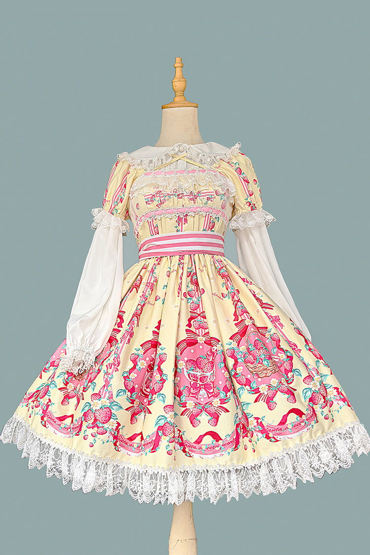 [Strawberry Chef] Short Sleeves Print Bowknot Lace Sweet Lolita Dress 4 Colors