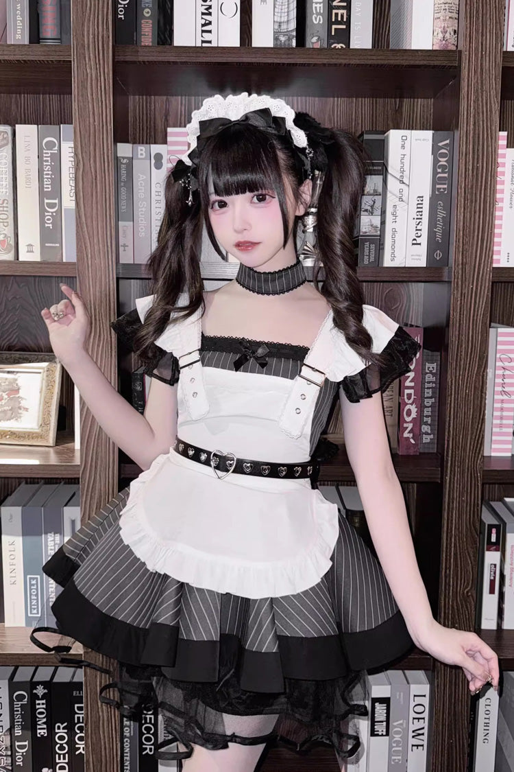 Grey/Black Short Sleeves Stripe Print Ruffle Jirai Kei Dress