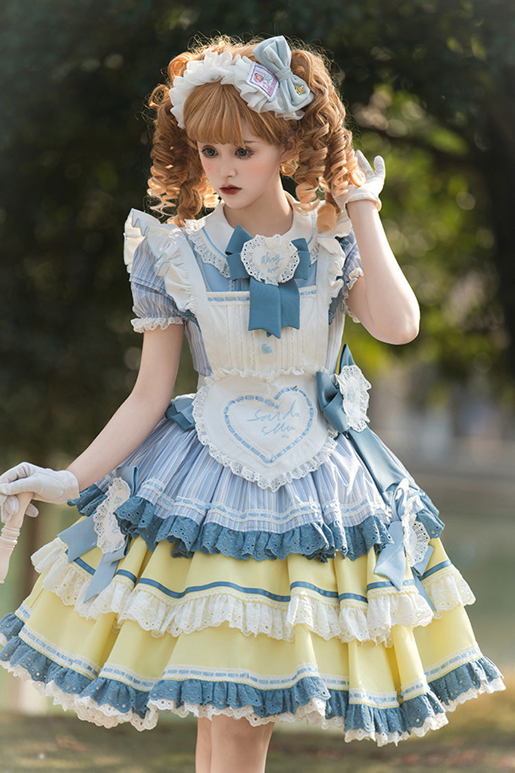 Blue/Yellow Short Sleeves Triple-Layered Ruffle Bowknot Lace Sweet Japanese Lolita Dress
