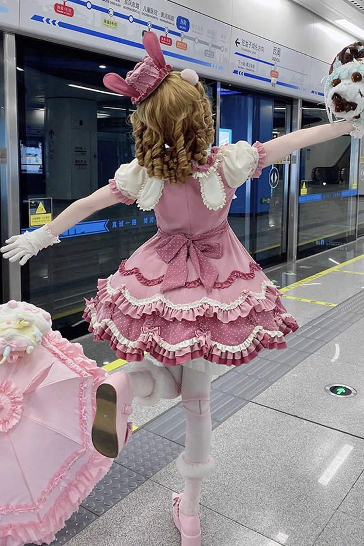 Pink [Bunny Parfait] Short Sleeves Multi-Layered Ruffle Bowknot Sweet Lolita Dress