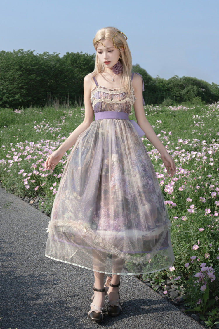 Peinture à l'huile violette [– À l'ombre des arbres en fleurs] Robe Jsk Lolita douce sans manches à imprimé volant avec nœud en dentelle 