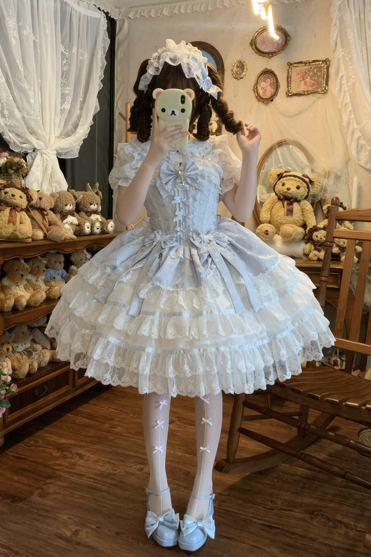 Blue [Snow Kissed Romance] Sleeveless High Waisted Multi-Layered Bowknot Lace Pearl Sweet Ballet Lolita Jsk Dress