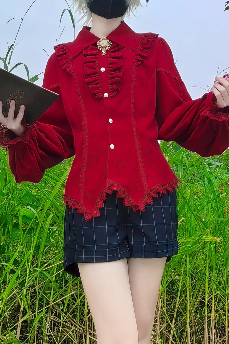 [Späte Nacht] Reverskragen Langarm Rüschen Spitze Schlanke Süße Lolita Bluse 6 Farben 