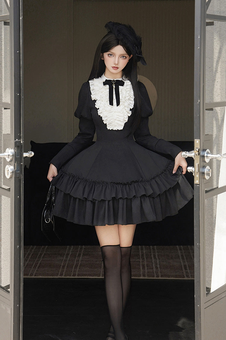 Black [Miss Weir] Stand Collar Long Sleeves Double-Layered Ruffle Gothic Lolita Dress