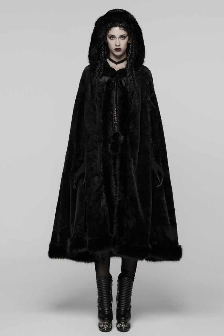 Black Faux Fur Spliced Hooded Women's Gothic Coat Cloak