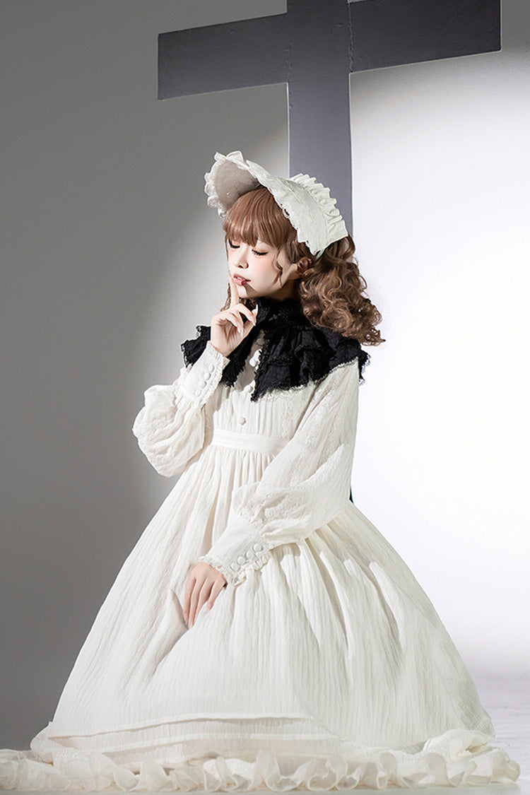 White [Quiet Place] Long Sleeves Jacquard Ruffle Embroidery Bowknot Gothic Lolita Dress