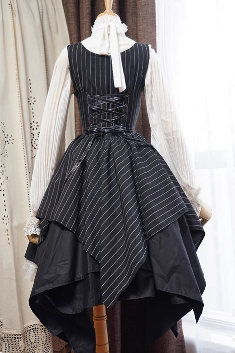 Black Sleeveless Striped Print Lace-Up Irregular Hem Gothic Lolita Dress