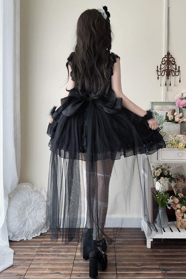 Black [From Broken Wings to Rebirth] Sleeveless Multi-Layered Ruffle Bowknot Lace-Up Gothic Ballet Lolita Jsk Dress