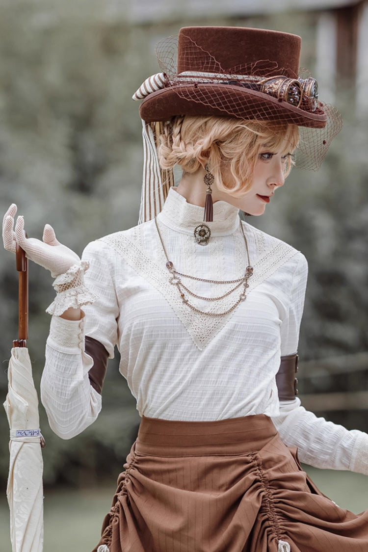 White Victorian Style Stand Collar Long Sleeves Embroidery Lace Classic Vintage Ouji Lolita Blouse