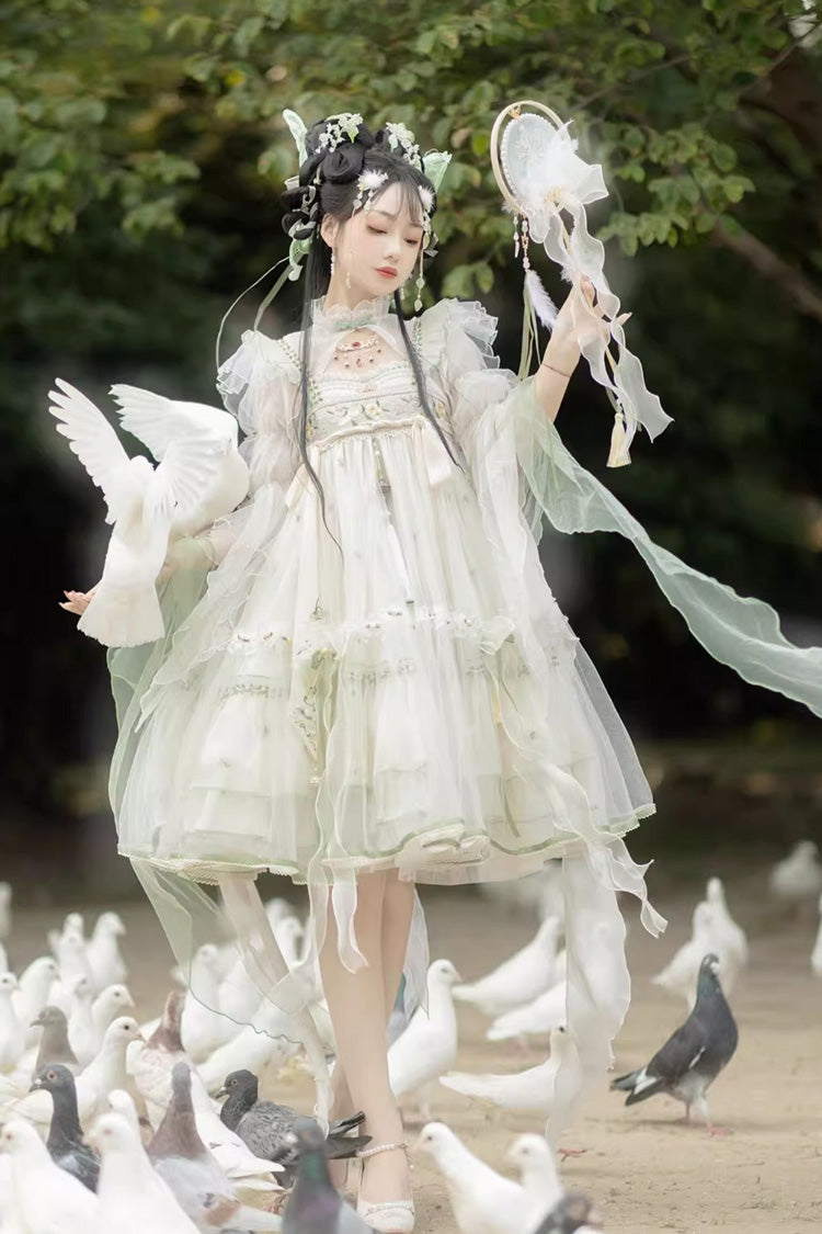 Elfenbein [Luo Ling Fu] Rüschenstickerei Schleifen Lace Süßes Chinesisches Stil Lolita Jsk Kleid 