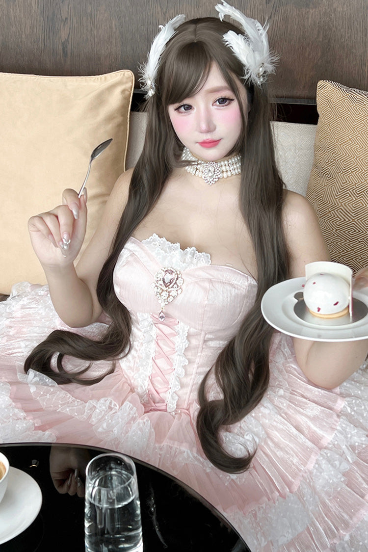 Pink [Heartbeat at First Sight] Off Shoulder Sleeveless Multi-Layered Ruffle Bowknot Lace Lace-Up Sweet Princess Gorgeous Lolita Dress