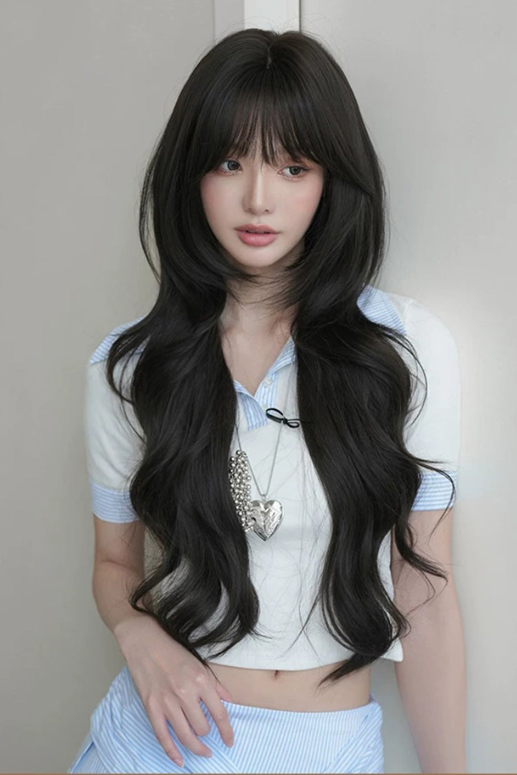 黒っぽいブラウン エフォートレス ふわふわ レイヤード スイート ロリータ ロング ルーズ ビッグ ウェーブ ウィッグ