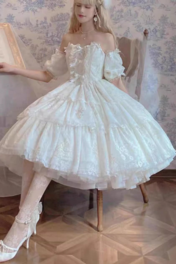 Weißes kurzärmliges Hanayome-Kleid mit Schleife und mehrlagigem Druck, süßes Prinzessinnen-Lolita-Trägerloses Kleid