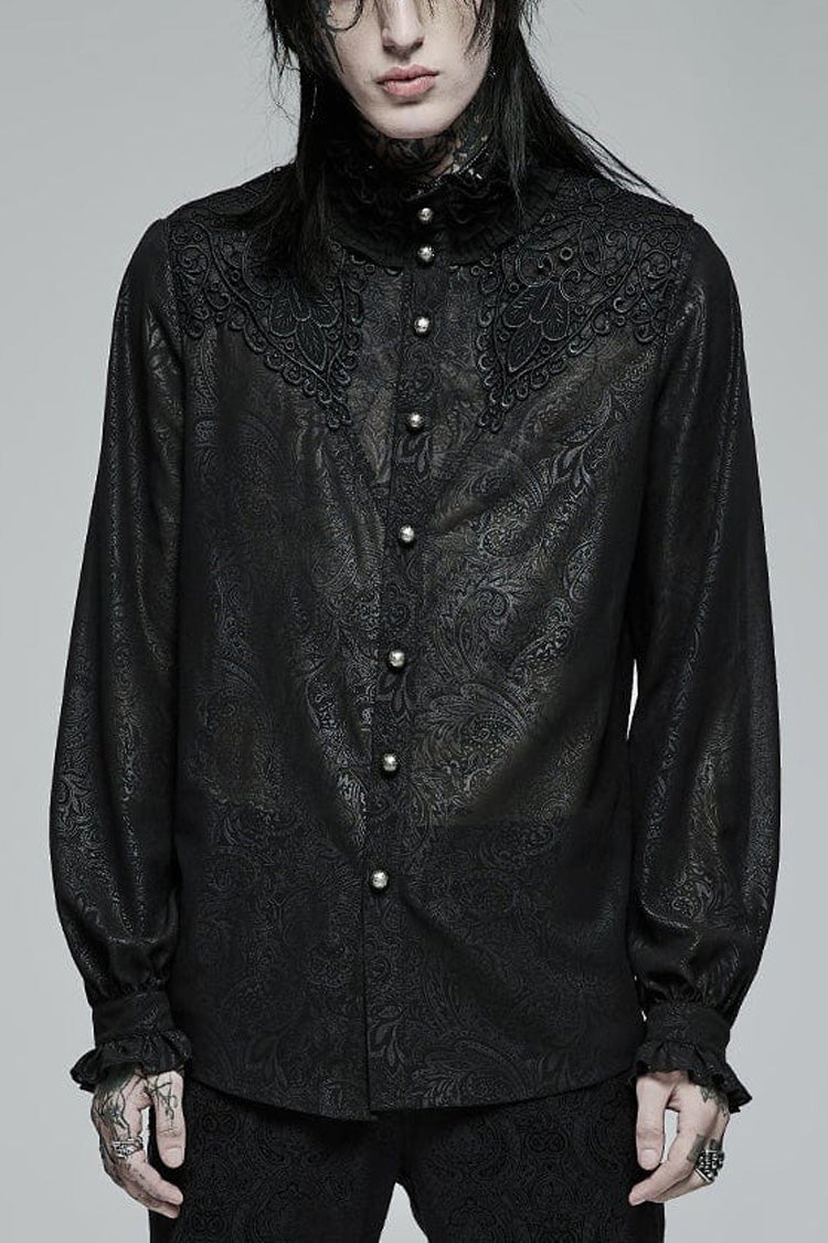 Black Stand Collar Ruffle Floral Embroidery Mens Gothic Blouse