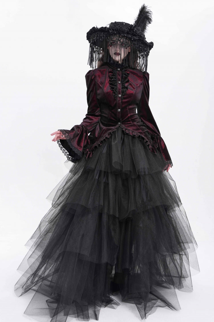 Red Stand Collar Long Trumpet Sleeves Ruffle Swallow-tailed Women's Gothic Blouse