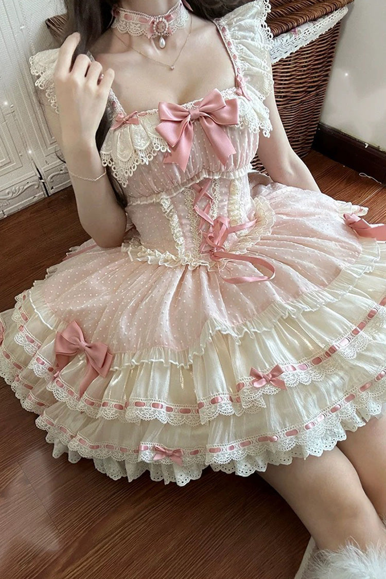 Rosa dreilagiges süßes Prinzessinnen-Ballett-Lolita-JSK-Kleid mit Schleife und Schnürung