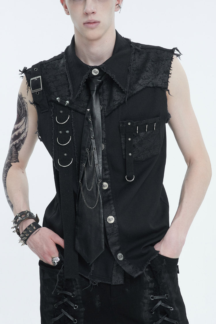 Black Sleeveless Buckle Splice Unedged Men's Punk Vest