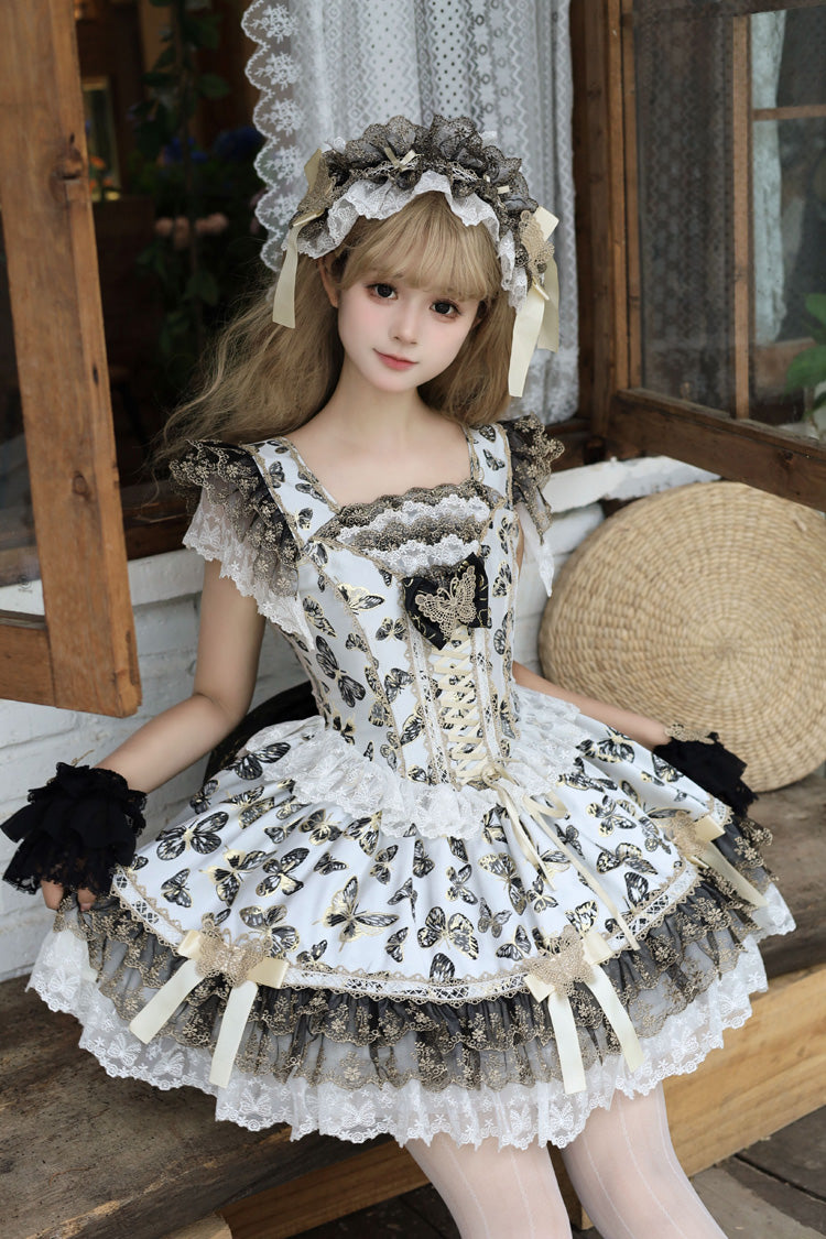 Cream [Golden Spirit • Dream Butterfly] Sleeveless Print Ruffle Bowknot Lace-Up Sweet Princess Lolita Jsk Dress Set