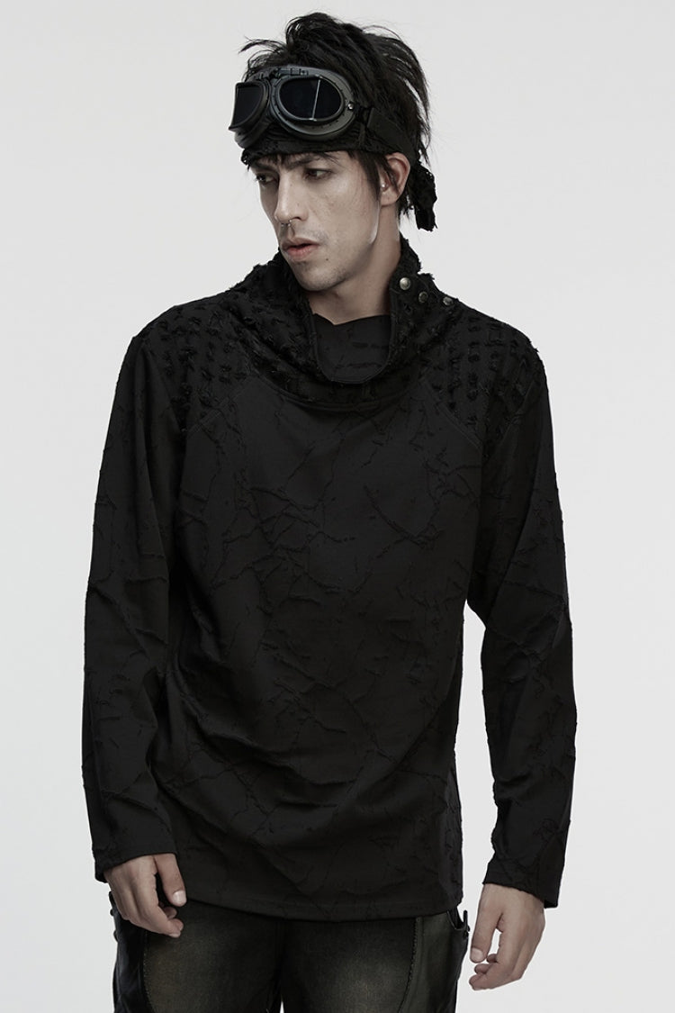 ブラック スタンド カラー 長袖 刺繍 リップド スタッズ ルーズ メンズ パンク T シャツ