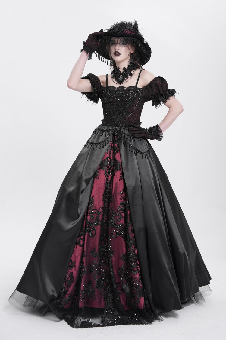Black/Red Off Shoulder Embroidery Stitching Lace Women's Gothic Dress