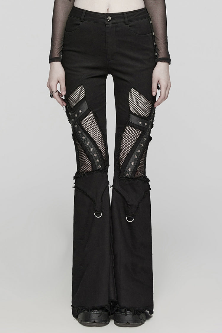 Black Mesh Women's Punk Eyelet Ring Flared Pants