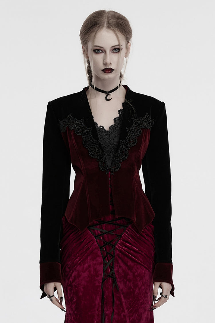 Black/Red V Collar Long Sleeves Floral Embroidery Lace-Up Women's Gothic Jacket