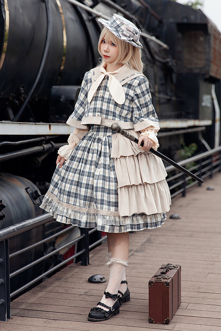 Grey/Blue [Morning Tune] Sleeveless High Waisted Print Ruffle Asymmetric Sweet Lolita Strap Dress