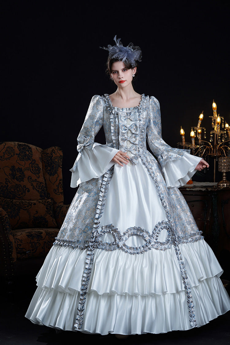 Blue Square Collar Long Trumpet Sleeves Double-Layered Ruffled Embroidered Open-Front Bow Classic Vintage Palace Lolita Victorian Dress