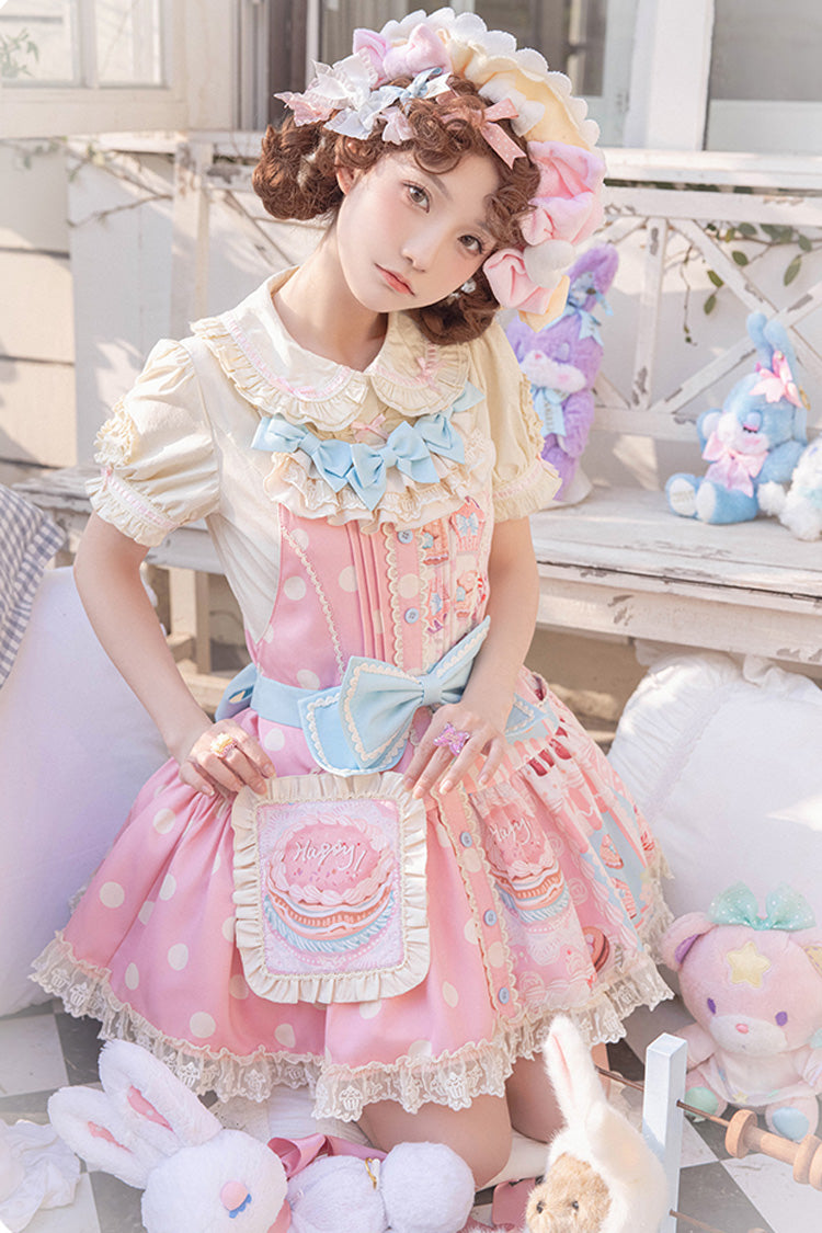 Pink Cake Chocolate Dessert Print Ruffle Bowknot Sweet Lolita Strap Dress