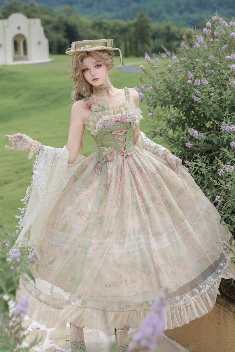 Green/Pink [Rose Garden] Sleeveless Boned Lace-Up Bow Oil Painting Floral Print Ruffled Elegant Sweet Lolita Maxi Dress