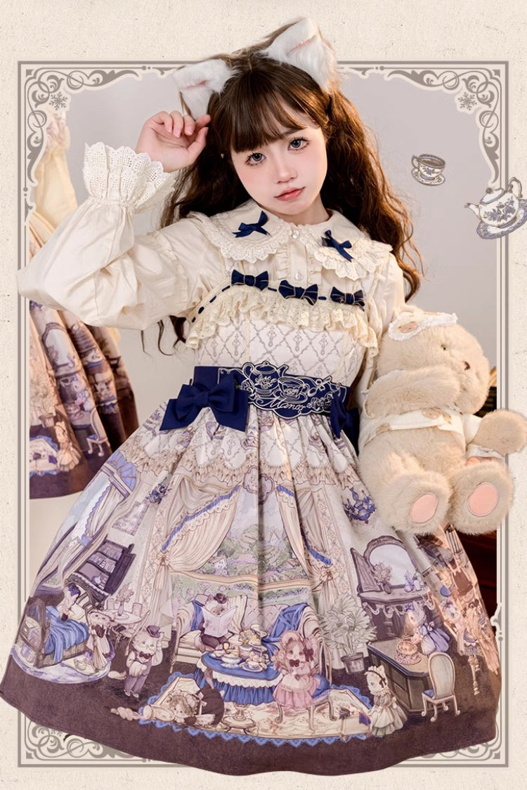 Multi-Color Cat Manor Print Embroidery Bowknot Sweet Lolita JSK Dress