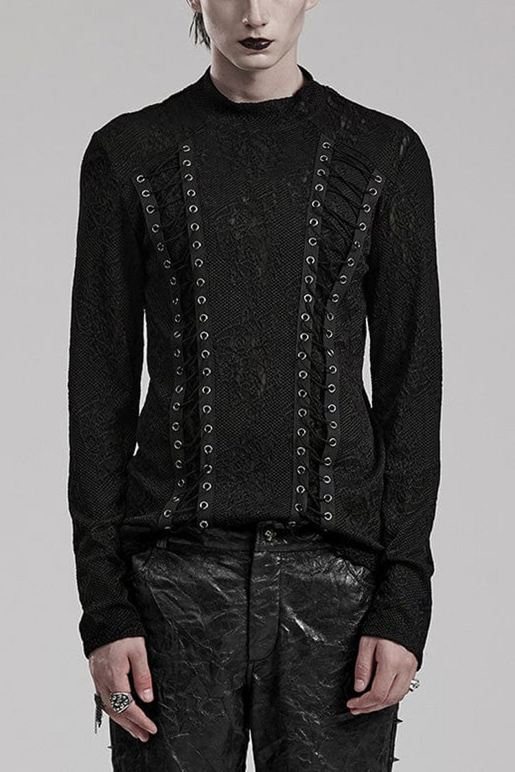 Black Round Collar Long Sleeves Jacquard Symmetrical Rope Mens Gothic T-Shirt