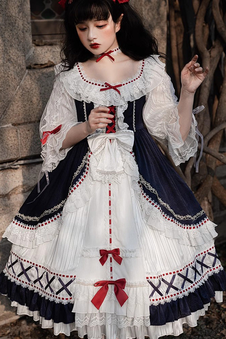 White/Blue Gorgeous White Snow Princess Half Sleeves Ruffle Sweet Lolita Tiered Dress